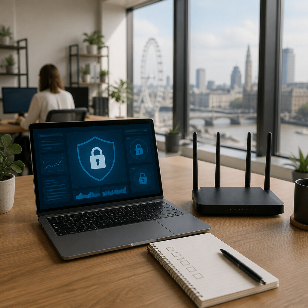 Laptop showing a security dashboard and checklist on a desk in a London SME office, illustrating Cyber Essentials support