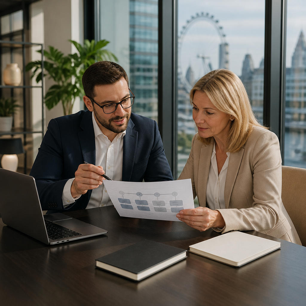 Consultant and business owner reviewing a compliance plan together at a meeting table