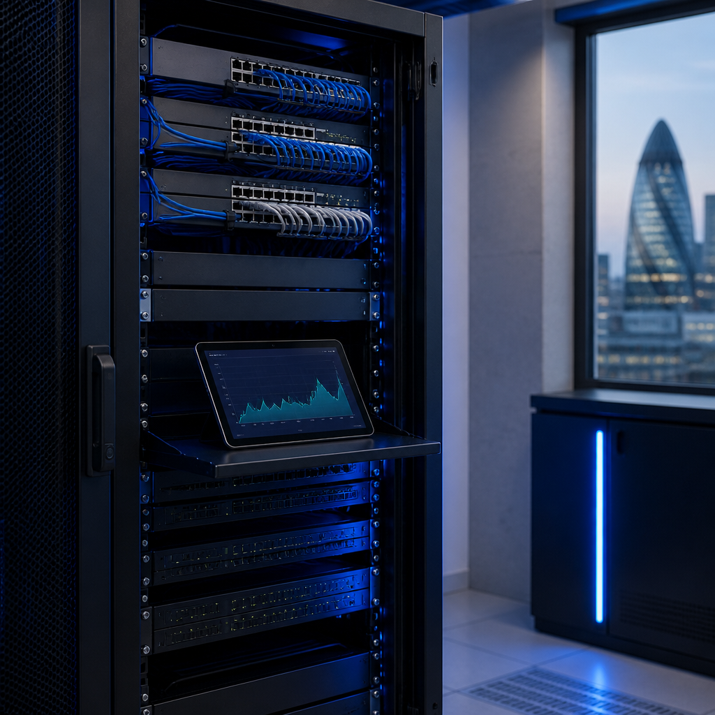 Neatly organised network equipment and monitoring display in a small London server room
