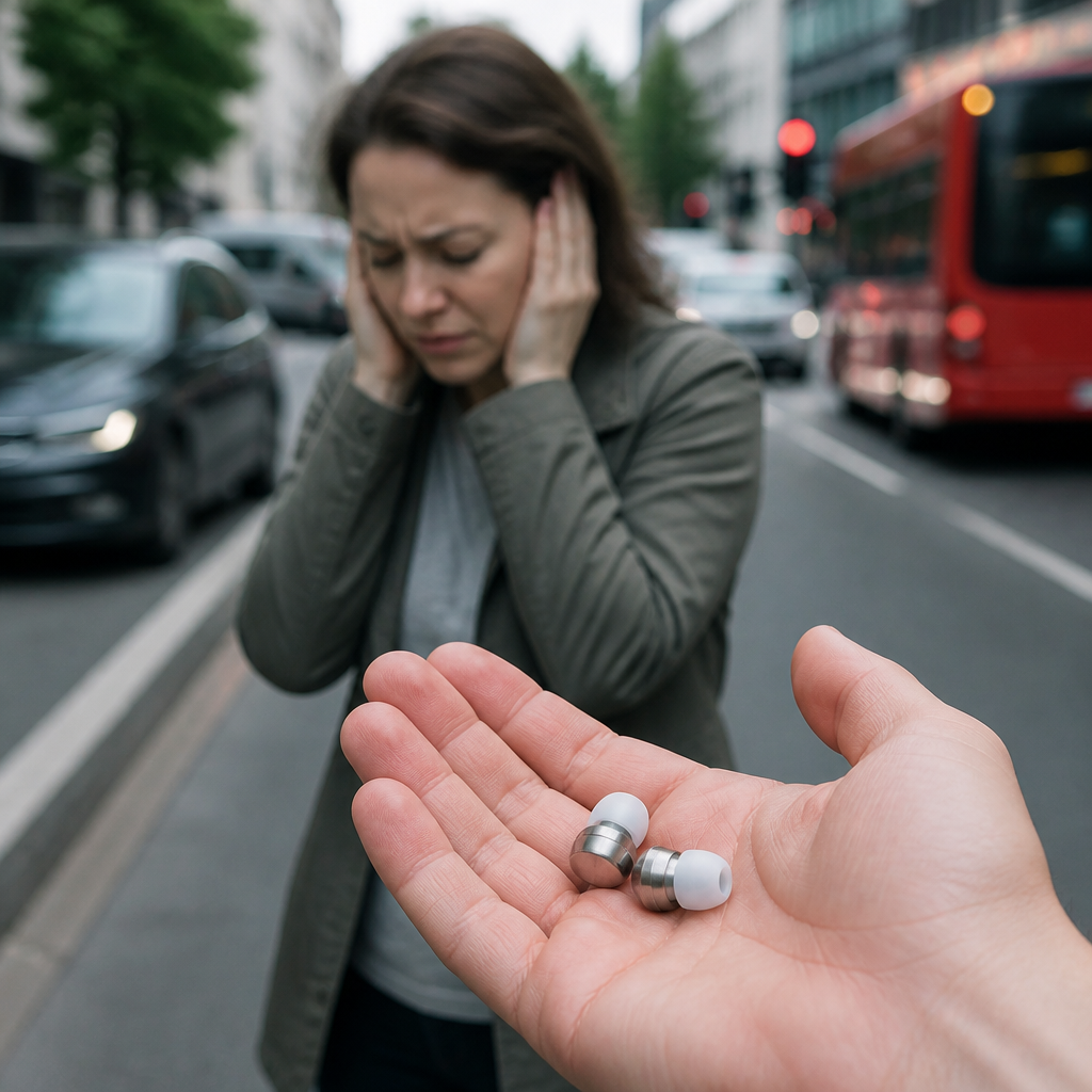 Person holding metal-bodied earplugs in a noisy city street, showing noise exposure tinnitus risk in daily life.