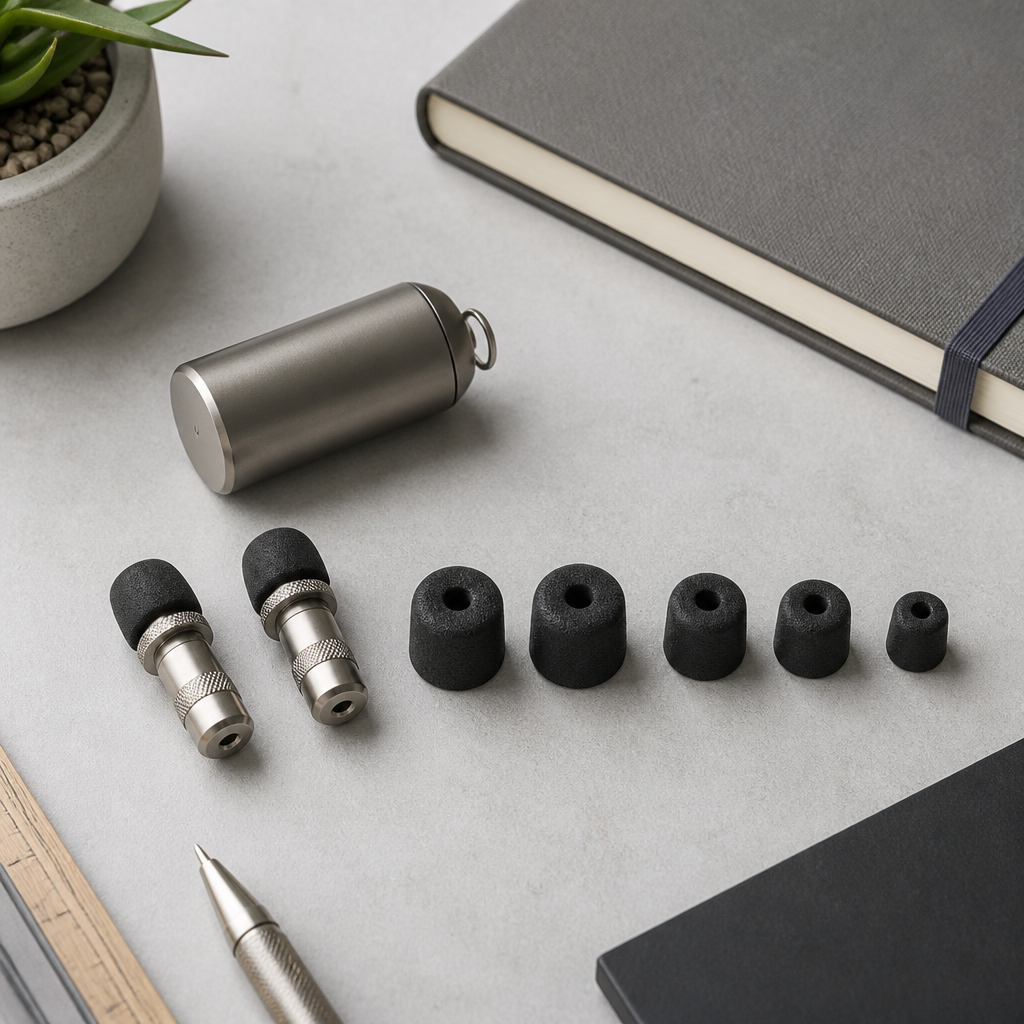 Flat-lay of reusable metal earplugs with three foam tip sizes, showing how to prevent tinnitus with proper fit.