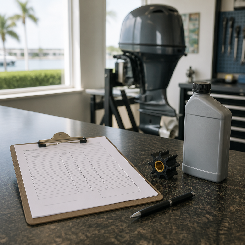 Itemized outboard repair estimate sheet and impeller parts on a shop counter in Clermont, Florida.