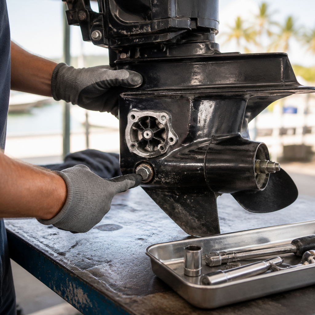Mechanic inspecting an outboard motor lower unit during a hands-on diagnostic check at a local shop.