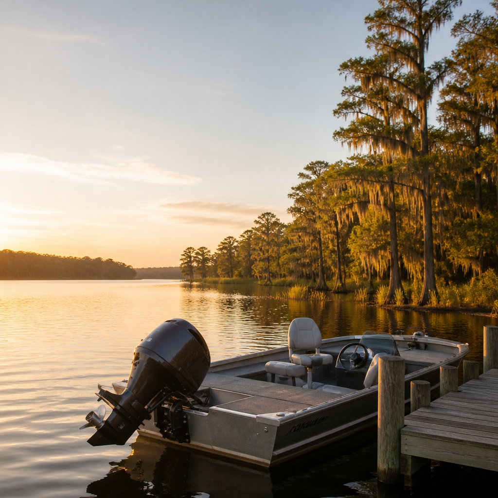 Fishing boat with an outboard motor docked on a calm Central Florida lake at sunset.