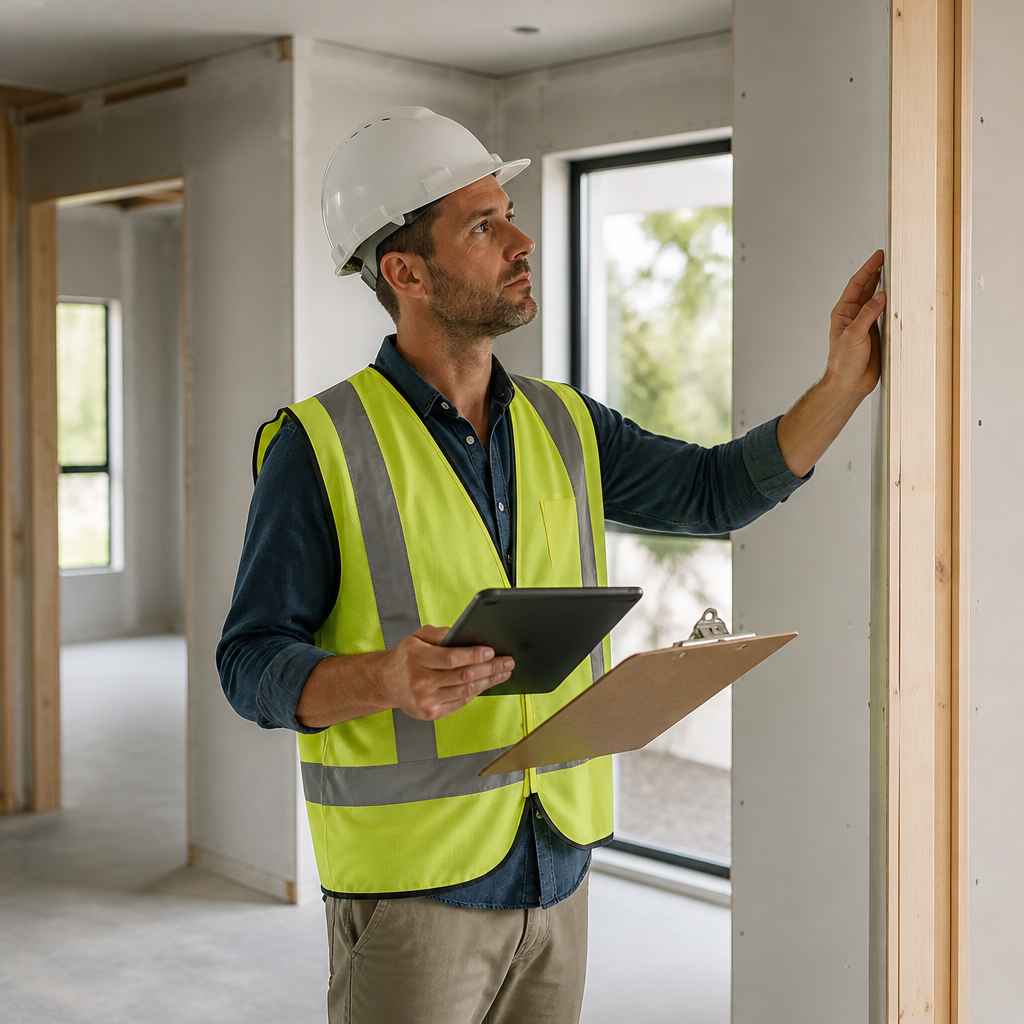 Licensed building inspector checking a new Queensland home interior with a tablet during a pre-handover inspection