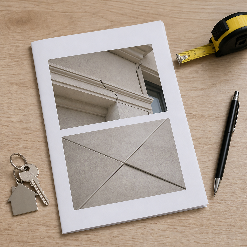 Printed building inspection report with defect photos, measuring tape and keys on a desk