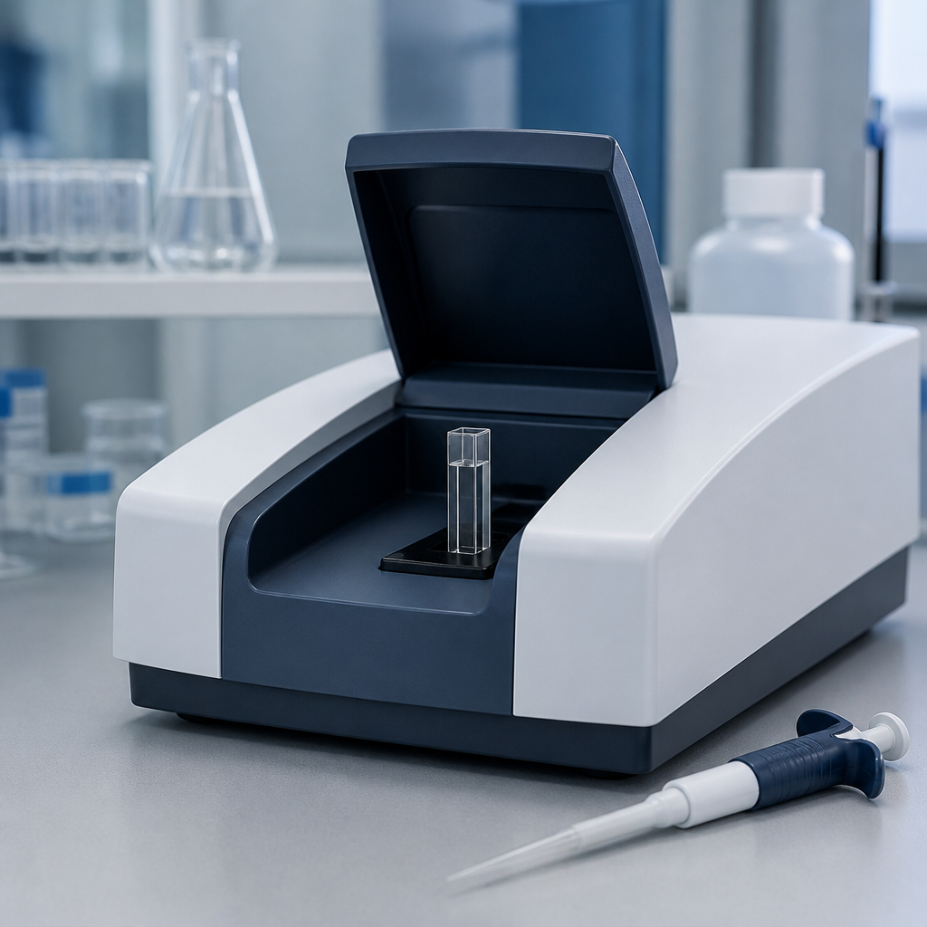 Cuvette in a UV-Vis spectrophotometer measuring UV absorbance of a clear peptide solution