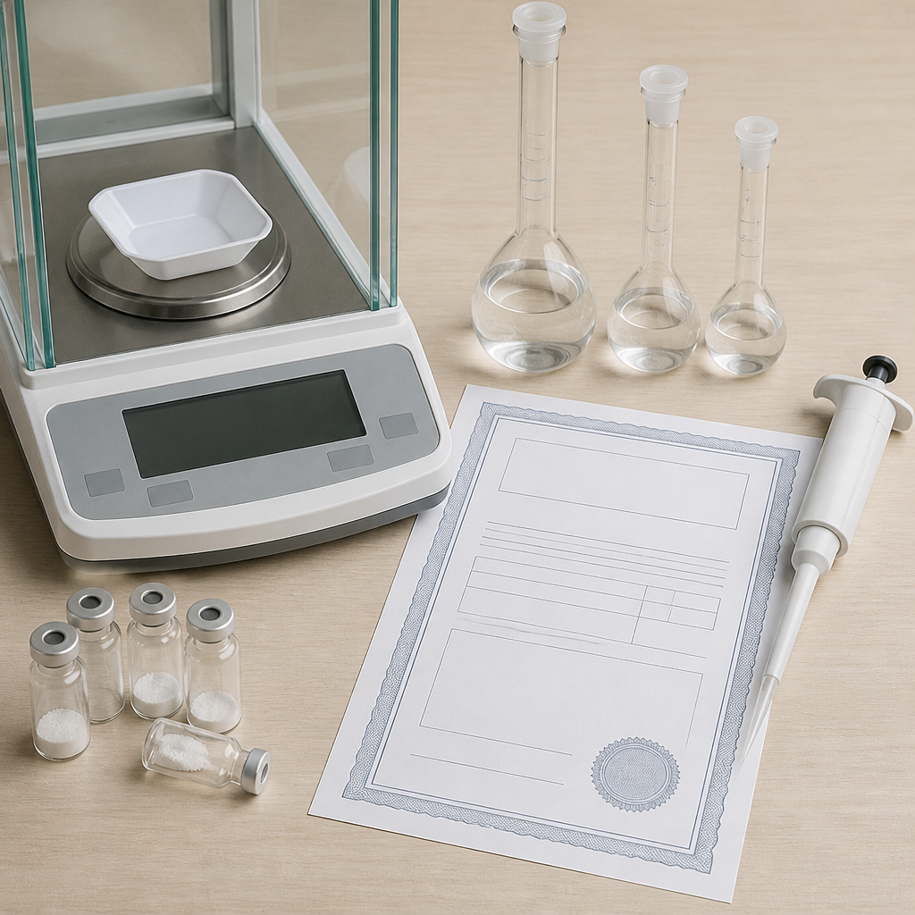 Analytical balance, volumetric flasks, and pipette prepared for retatrutide concentration measurement in a lab