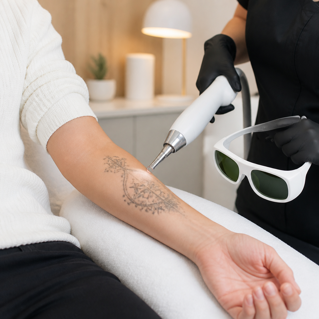 Forearm with an old tattoo partly faded during a laser tattoo removal session before a cover-up in Liverpool