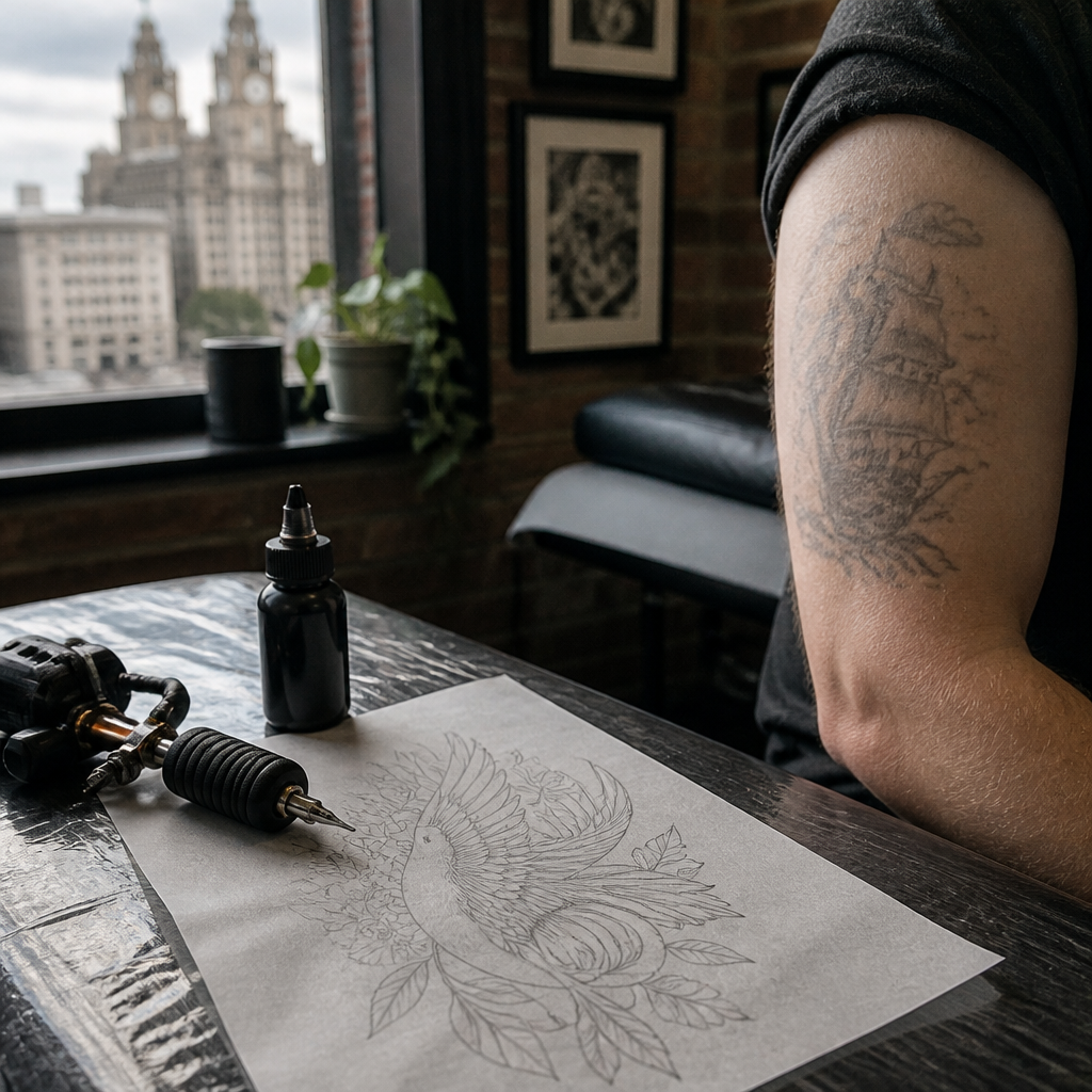Tattoo artist's desk with a new cover-up design sketch and a lightened older tattoo on a clothed arm