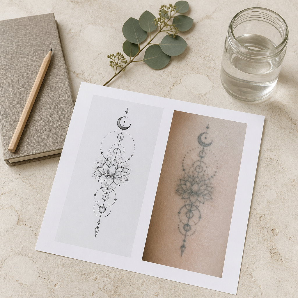 Flat-lay of a cover-up design sketch and notes planning fading before a tattoo cover-up