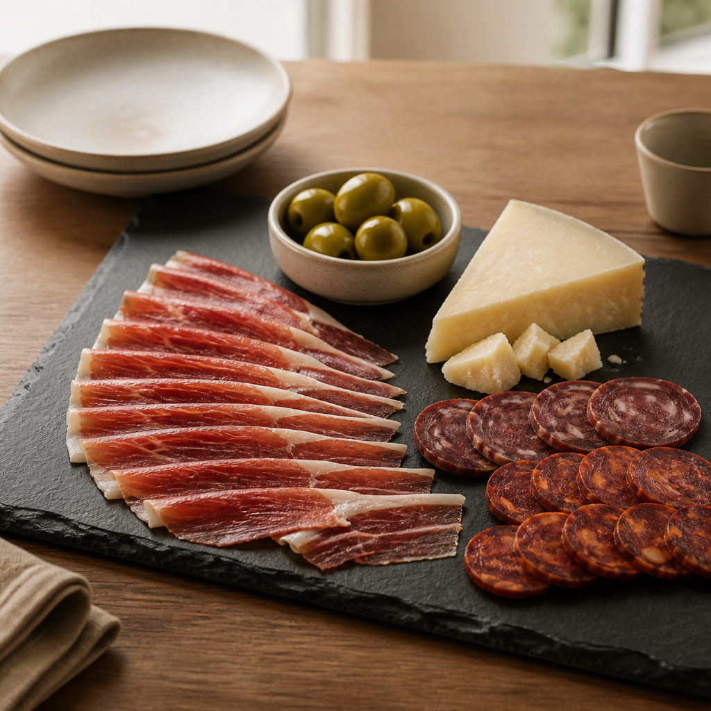 Tabla ibérica para aperitivo con lonchas de jamón ibérico, queso curado y aceitunas dispuestas en orden sobre pizarra