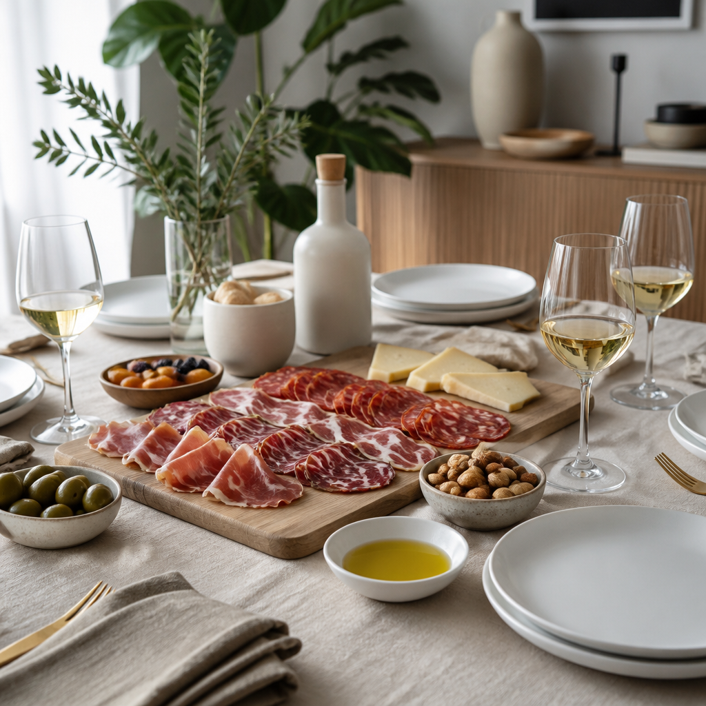 Mesa de aperitivo con tabla de embutidos ibéricos, quesos, frutos secos y copas listas para los invitados