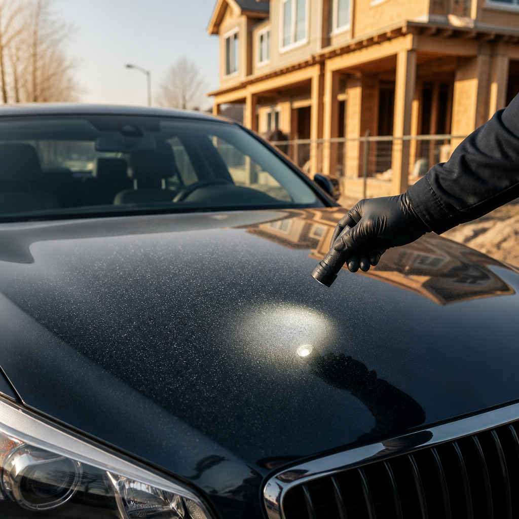 Dark sedan with fine construction overspray speckles on its hood, inspected under light near a Glendale Heights job site.