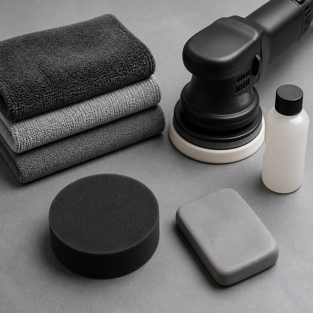 Professional detailing tools including microfiber towels, foam pads, and a clay bar arranged on a clean studio surface.