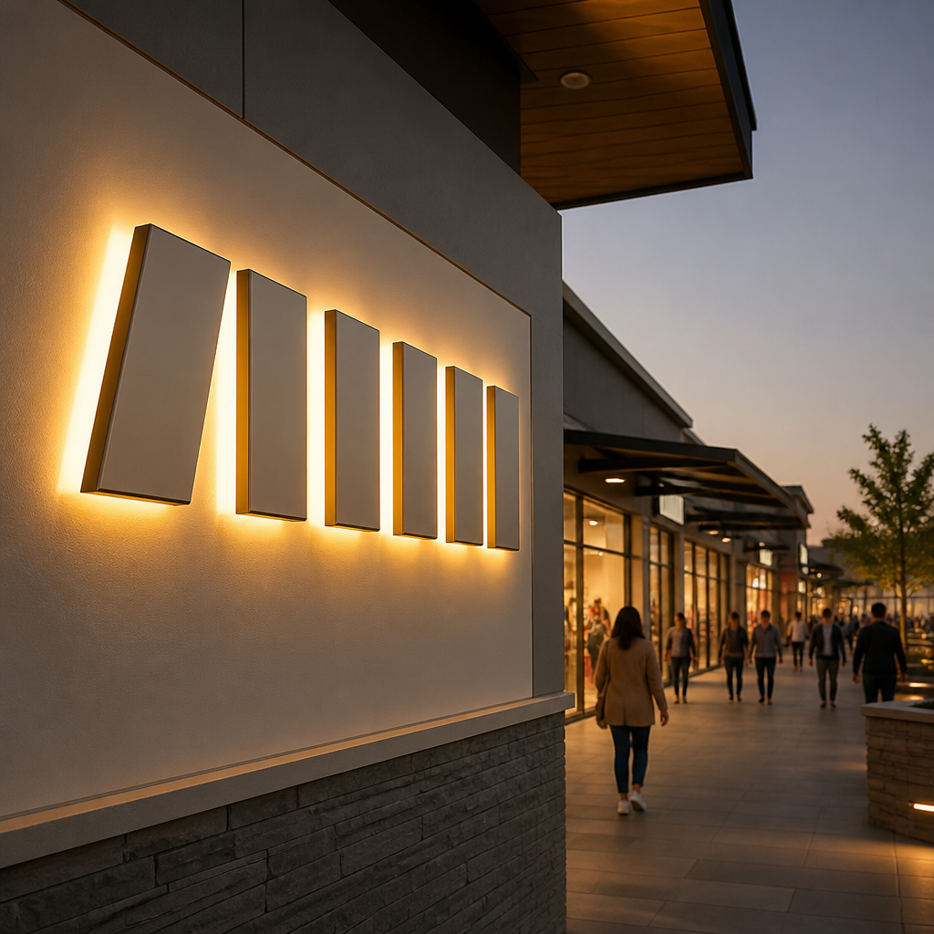 Illuminated custom shop fascia sign mounted on a Gauteng shopping centre facade at dusk, with shoppers passing by.