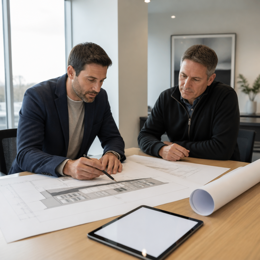 Signage consultant and centre manager reviewing a sign drawing and elevation plan before approval in an office.