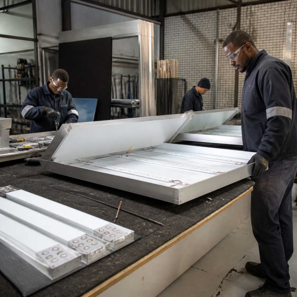 Technician inspecting a custom LED backlit sign panel in a signage fabrication workshop.