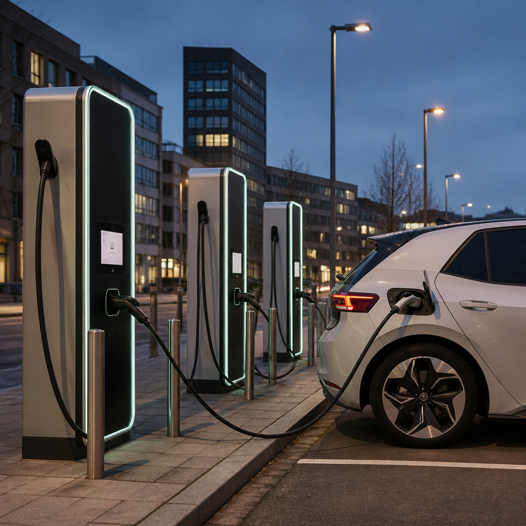 Electric car connected to a public fast-charging station on a European city street at dusk
