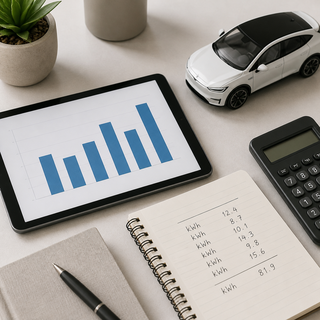Desk with calculator, notebook and tablet showing charts comparing EV charging costs