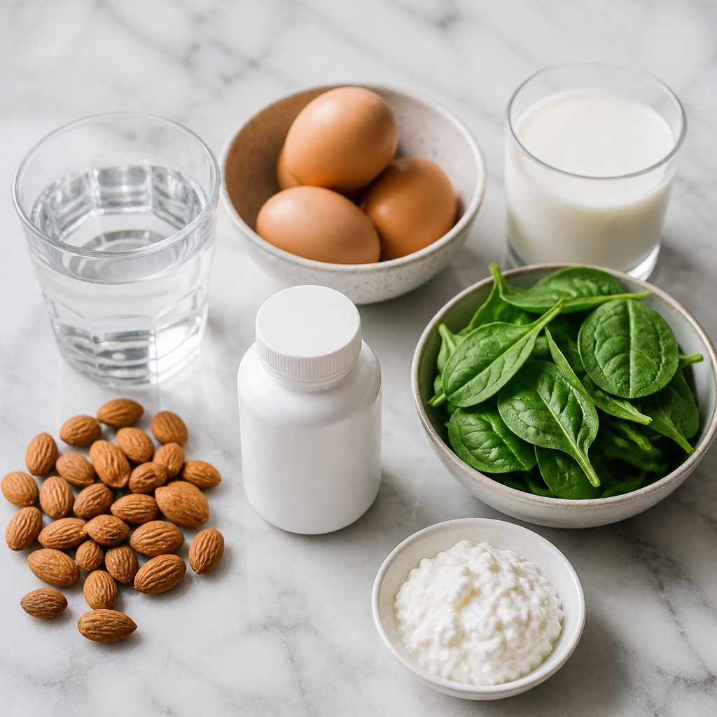 Flat-lay of an unlabelled riboflavin B2 supplement bottle beside eggs, almonds, spinach and a glass of milk on marble.