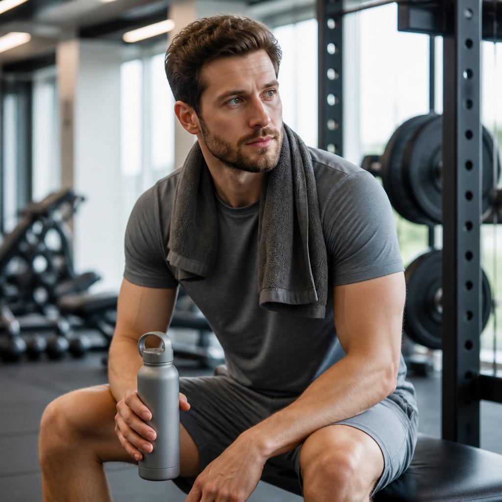 Gym-goer in grey activewear pausing after a workout with a plain water bottle, illustrating vitamin B2 exercise recovery.