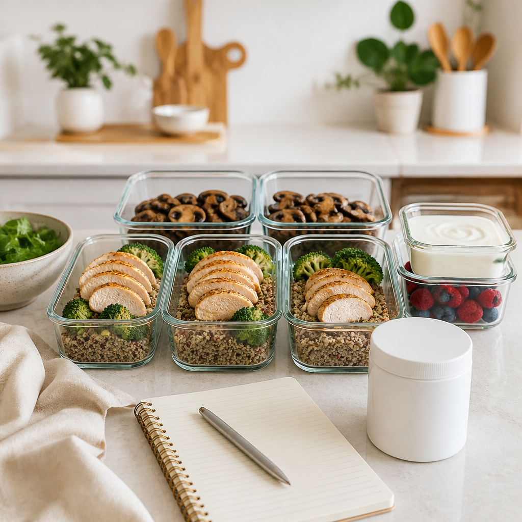 Weekly meal-prep containers with lean protein, yoghurt and mushrooms beside a plain supplement pot on a kitchen counter.
