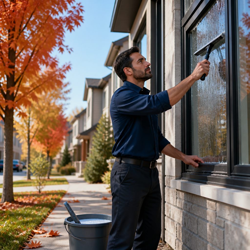 Window cleaning in Mississauga: a technician washing exterior glass on a townhouse during autumn.