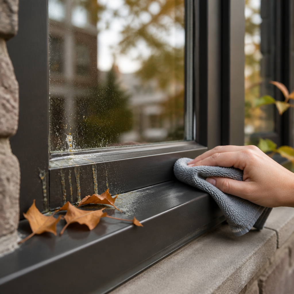 Close-up of a residential window sill being wiped clean of fall debris and tree sap.