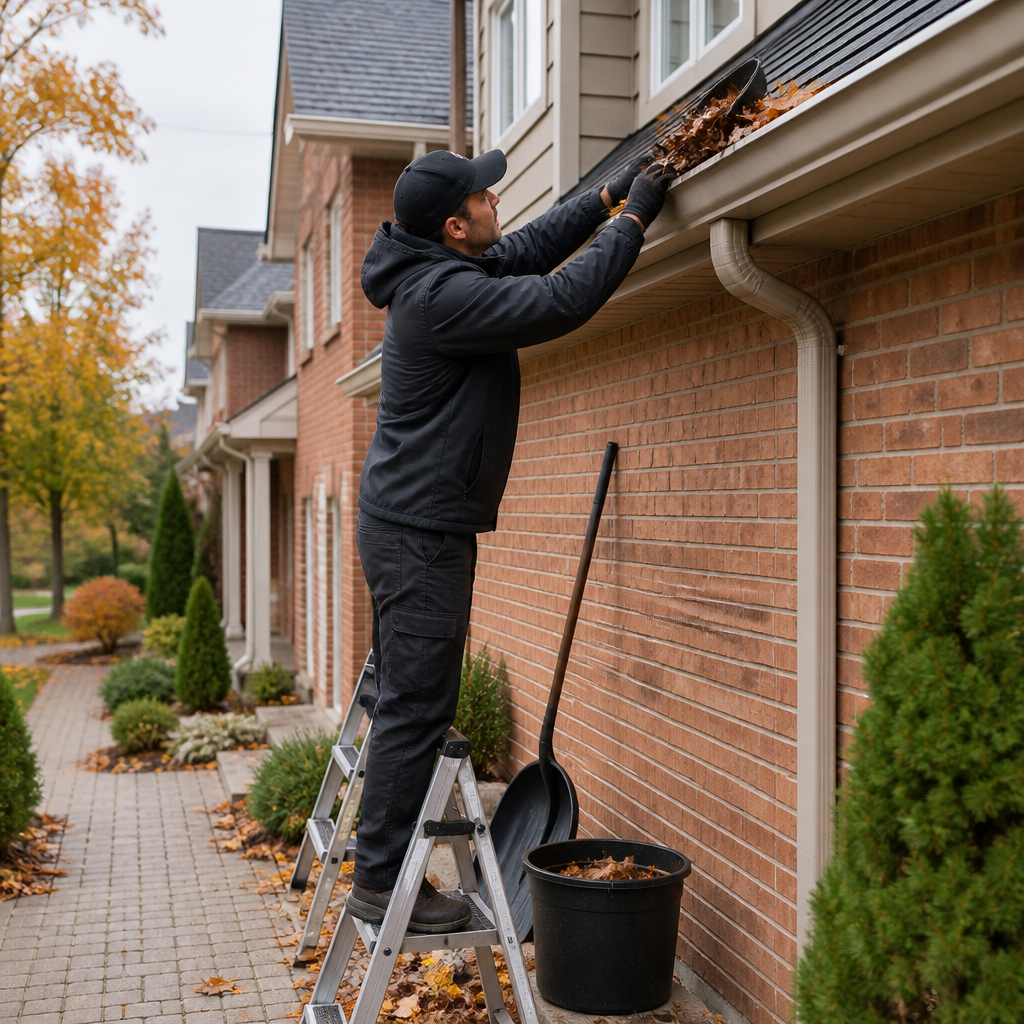Gutter and eavestrough cleaning on a townhouse to clear leaves before fall window cleaning.