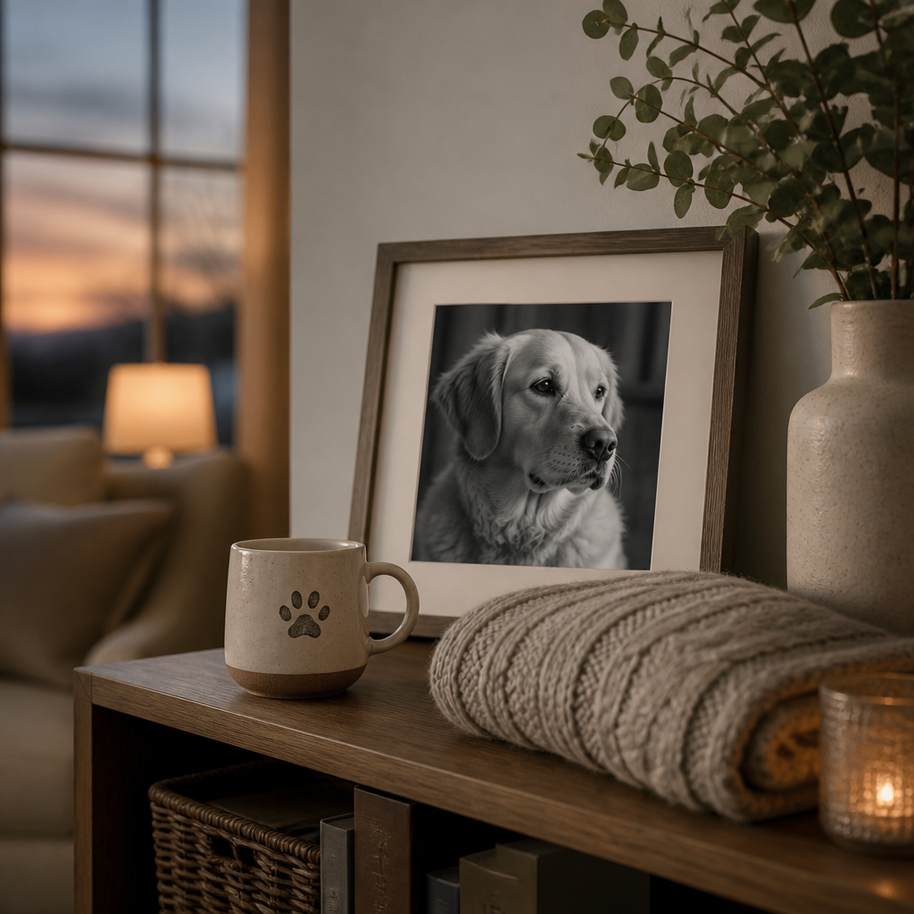 Personalized pet keepsakes grief: a ceramic mug, folded blanket, and framed pet photo resting on a shelf in a warm living room.