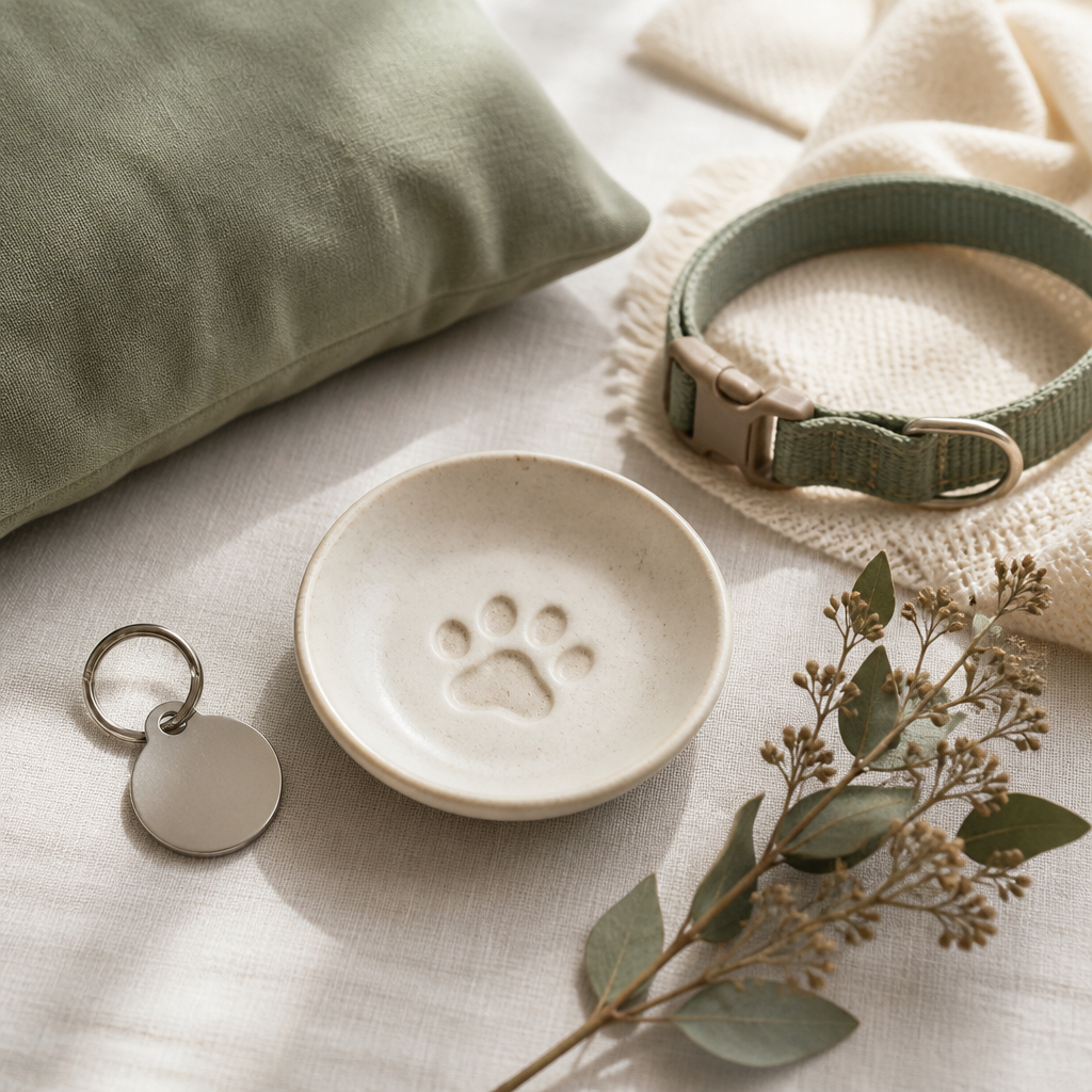 Flat-lay of pet memorial items including a ceramic dish, a ring, a pillow, and a collar on soft linen for grief support.