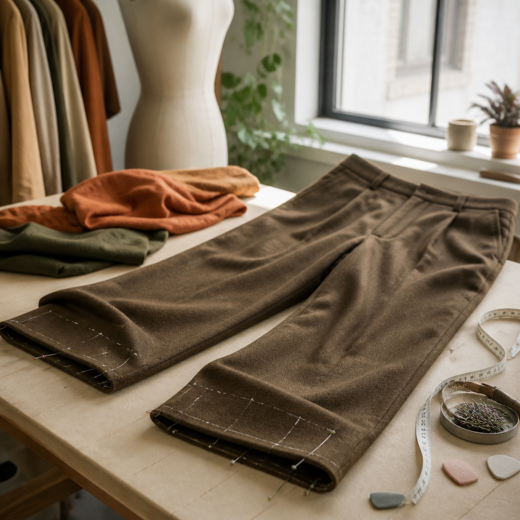 Wide-leg trousers pinned for a hem alteration on a tailor's workbench in a bright studio