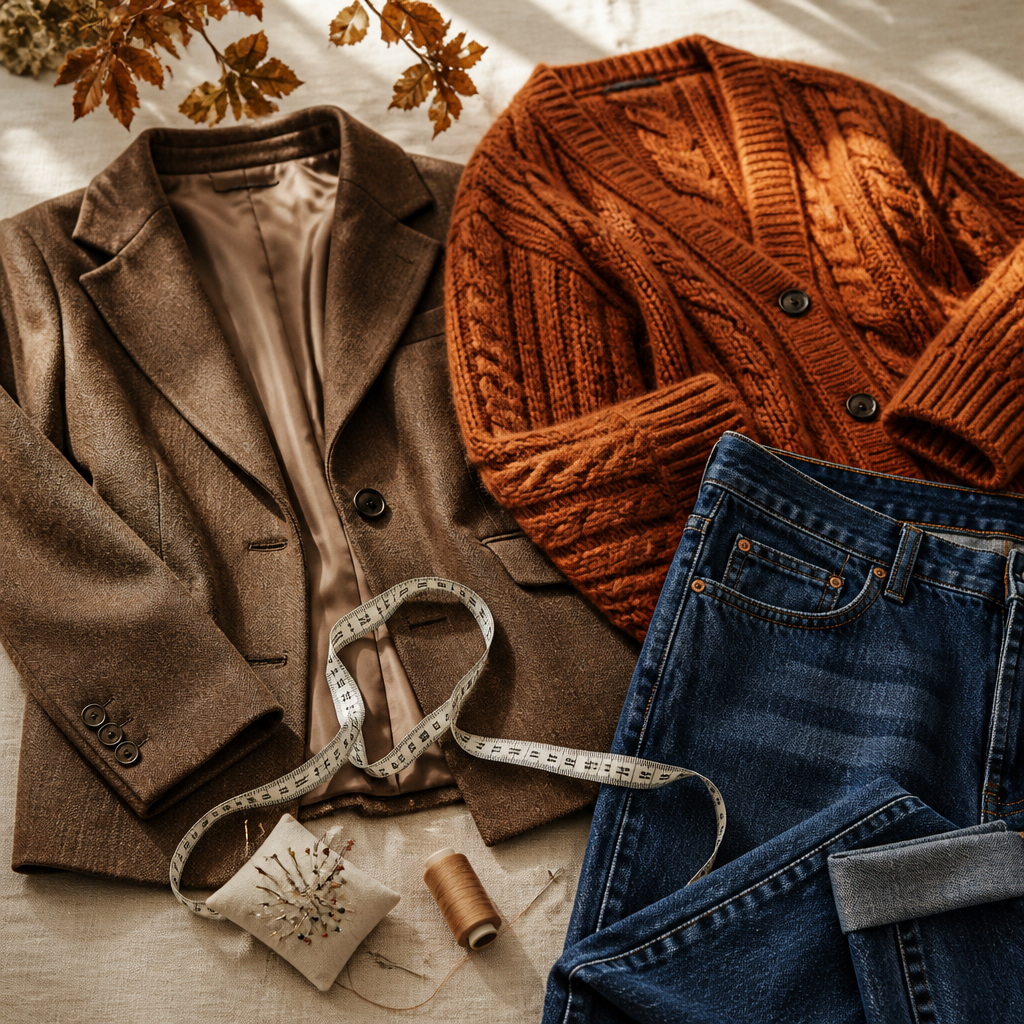 Flat lay of a blazer, knit cardigan and jeans with tailoring tools for fall alterations