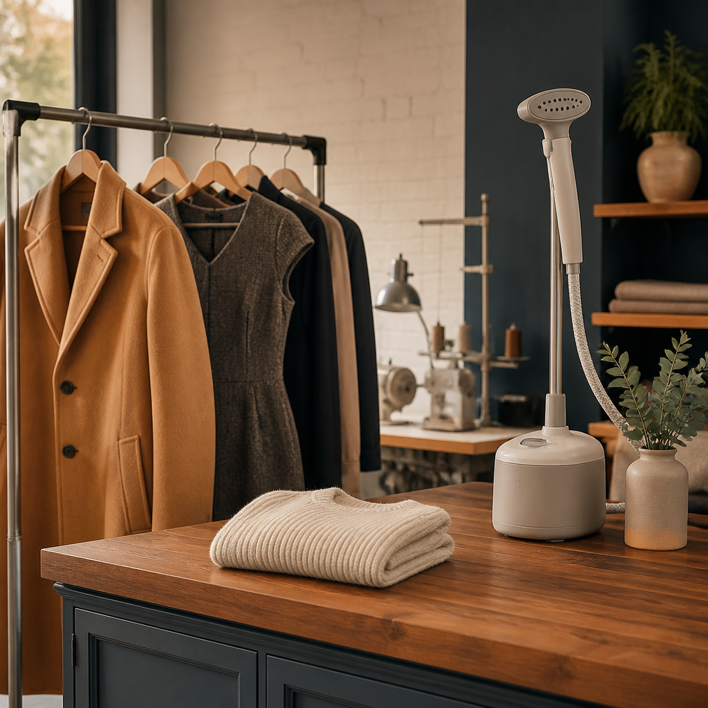 Garment rack of fall coats and dresses beside a steamer at an alterations shop counter