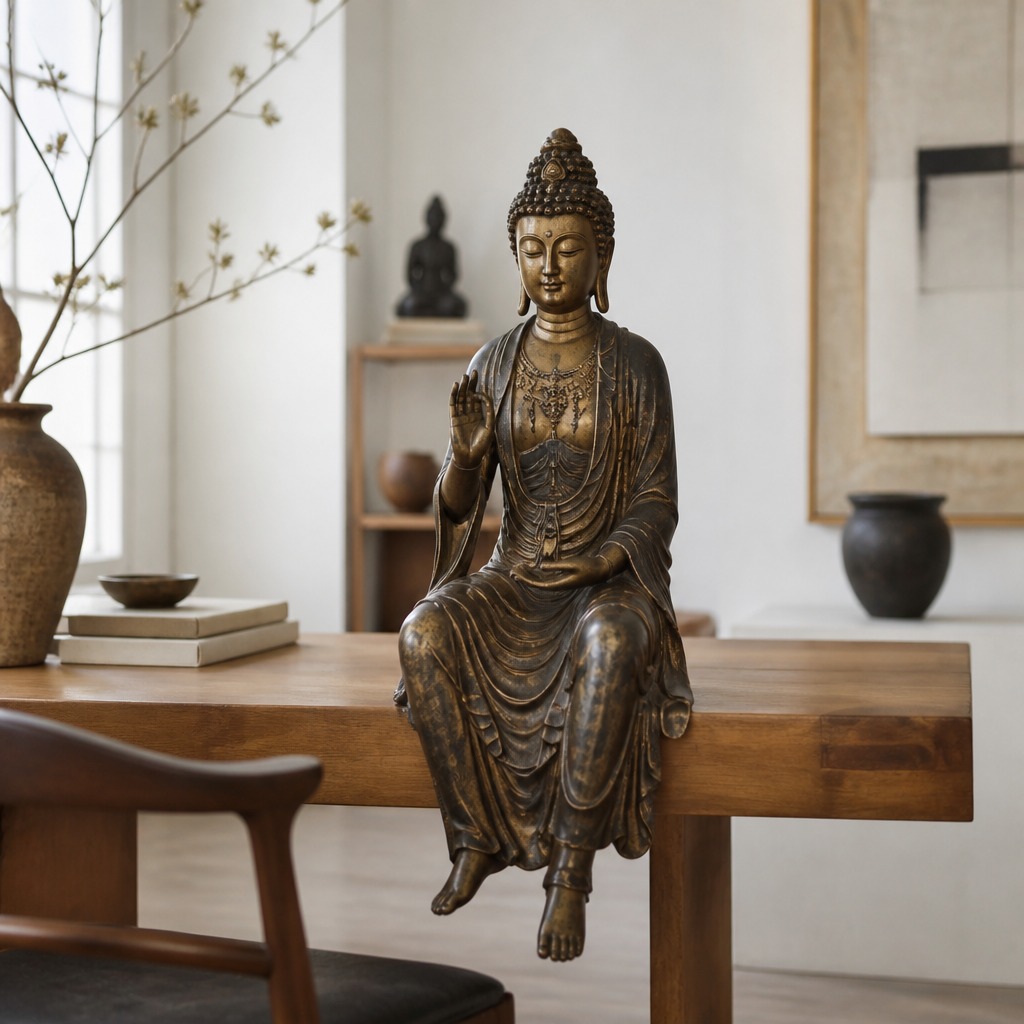 Bronze Maitreya Buddha statue seated in a relaxed pose on a wooden table in a bright collector's study.