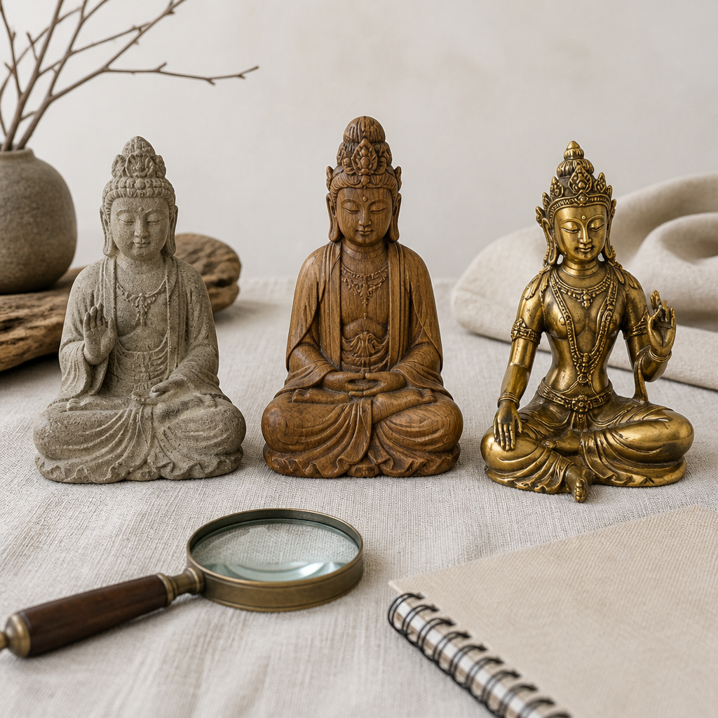 Three Buddhist sculptures in stone, wood and bronze arranged on linen with a magnifying glass for comparison.