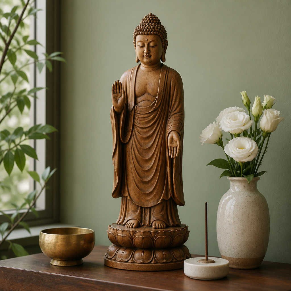 Wooden Buddhist sculpture on a home altar with a brass offering bowl and white flowers in soft daylight.