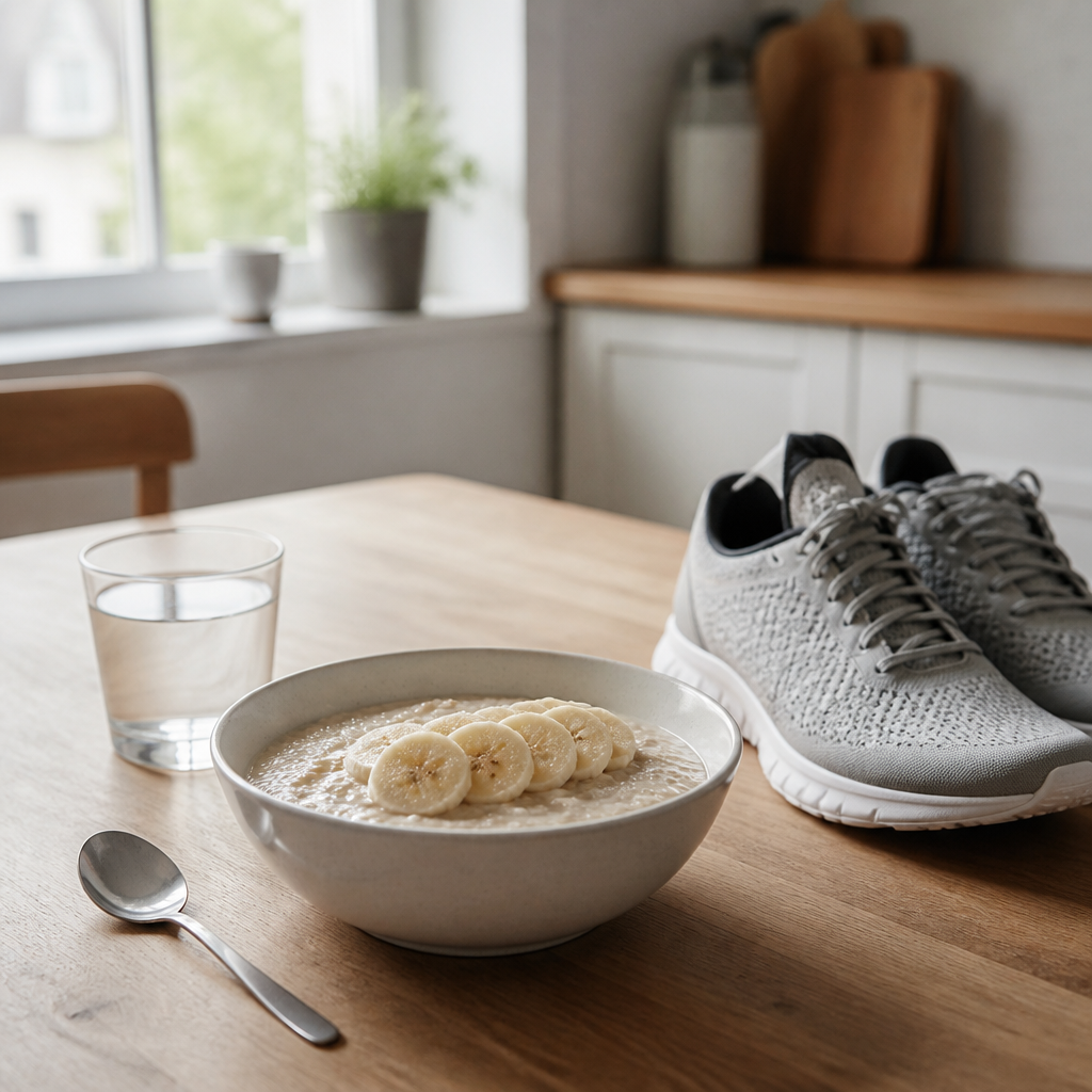 Plain porridge with sliced banana and a glass of water on a kitchen table, a simple pre-race breakfast for a 5K run in the UK