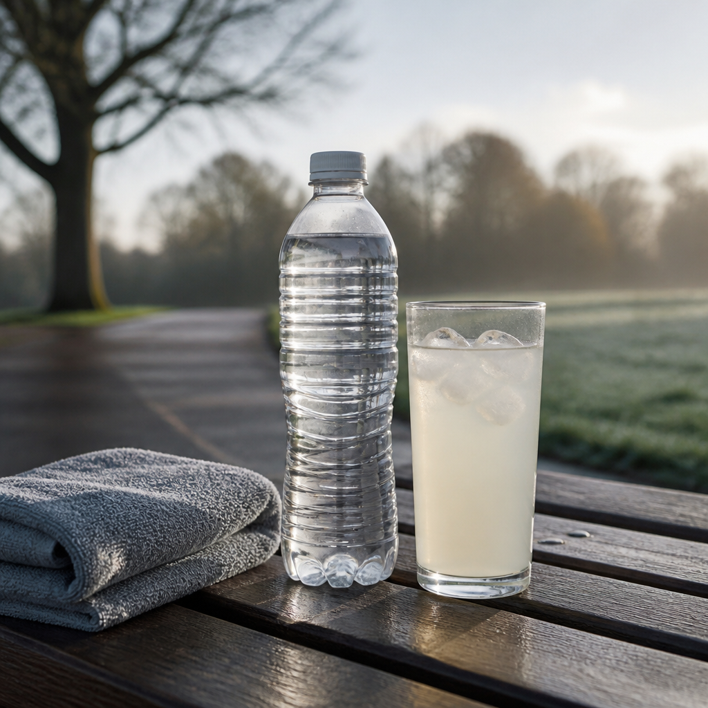 Water bottle and glass of electrolyte drink on a park bench beside a running towel, showing hydration before a 5K