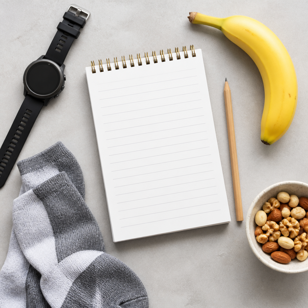 Flat-lay of a notepad, sports watch, banana and nuts arranged for planning a beginner 5K fuelling routine