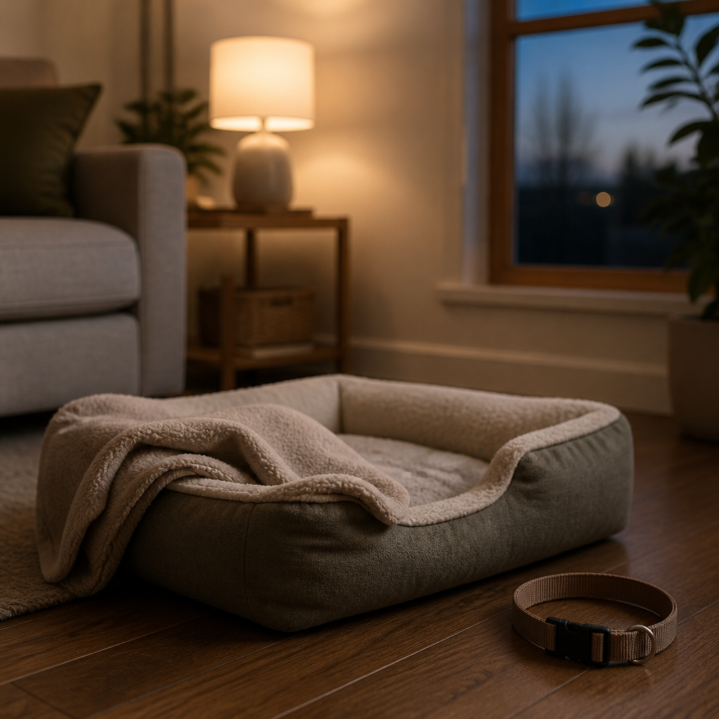 Empty pet bed with a folded blanket and collar in a softly lit living room, reflecting sudden pet loss