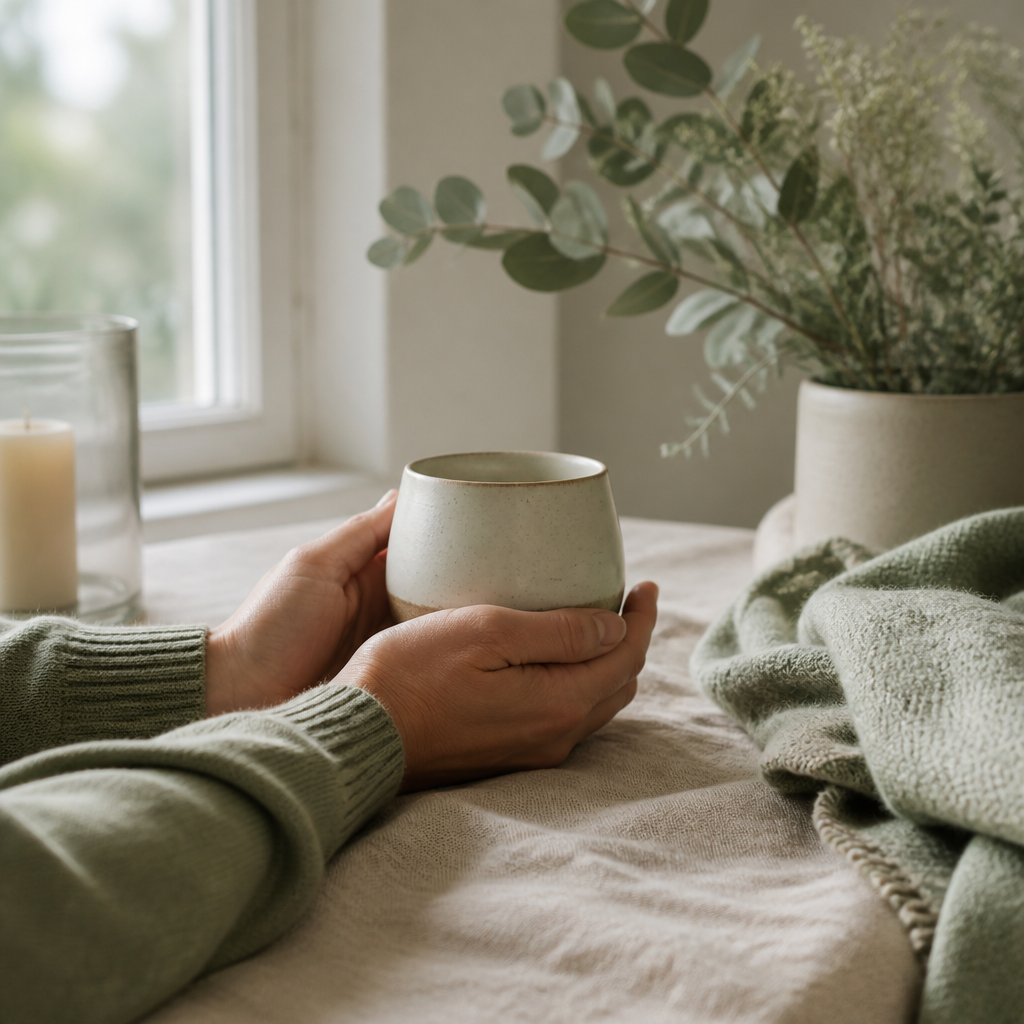 Hands holding a plain ceramic memorial mug beside a window, a quiet way to honor a lost pet