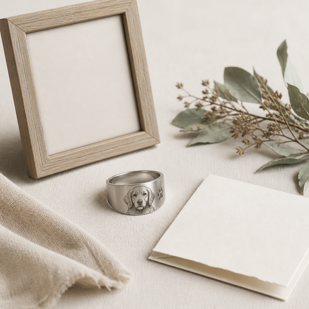 Flat-lay of an engraved pet memorial ring, blank note card and dried greenery on linen