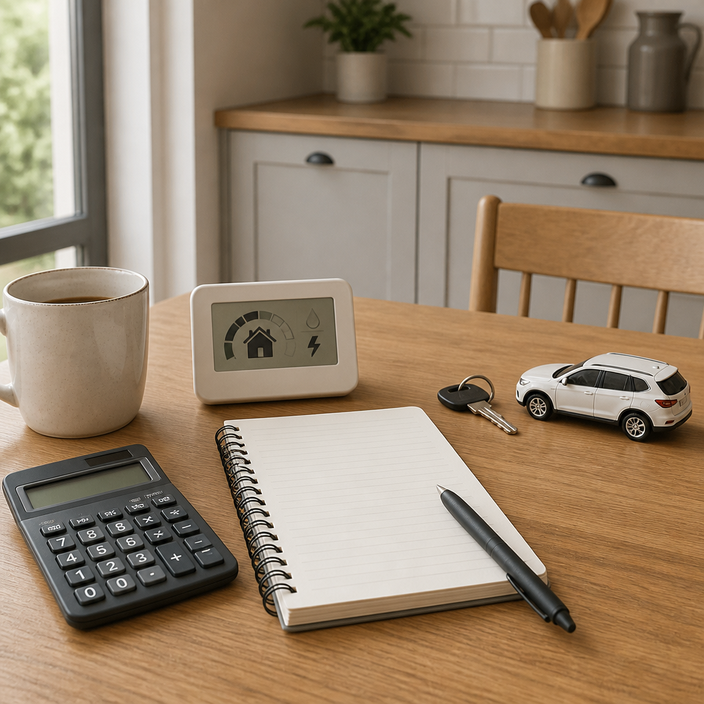 Kitchen table with calculator and energy meter, representing the annual running cost arithmetic for a family SUV.