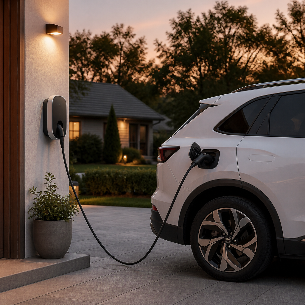 Electric SUV charging at a home wallbox in a residential driveway at dusk, showing home EV charging costs.