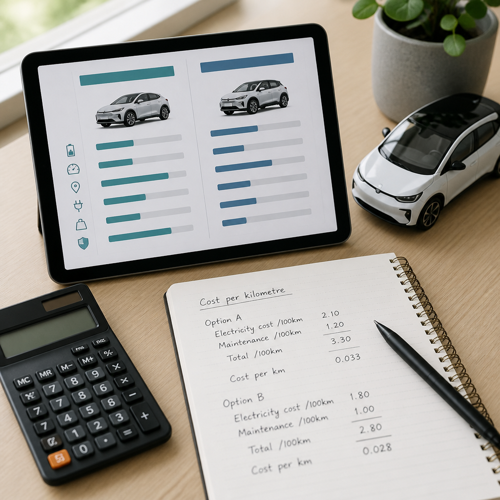 Escritorio con tablet mostrando una comparativa de coches eléctricos y notas de cálculo de coste por kilómetro
