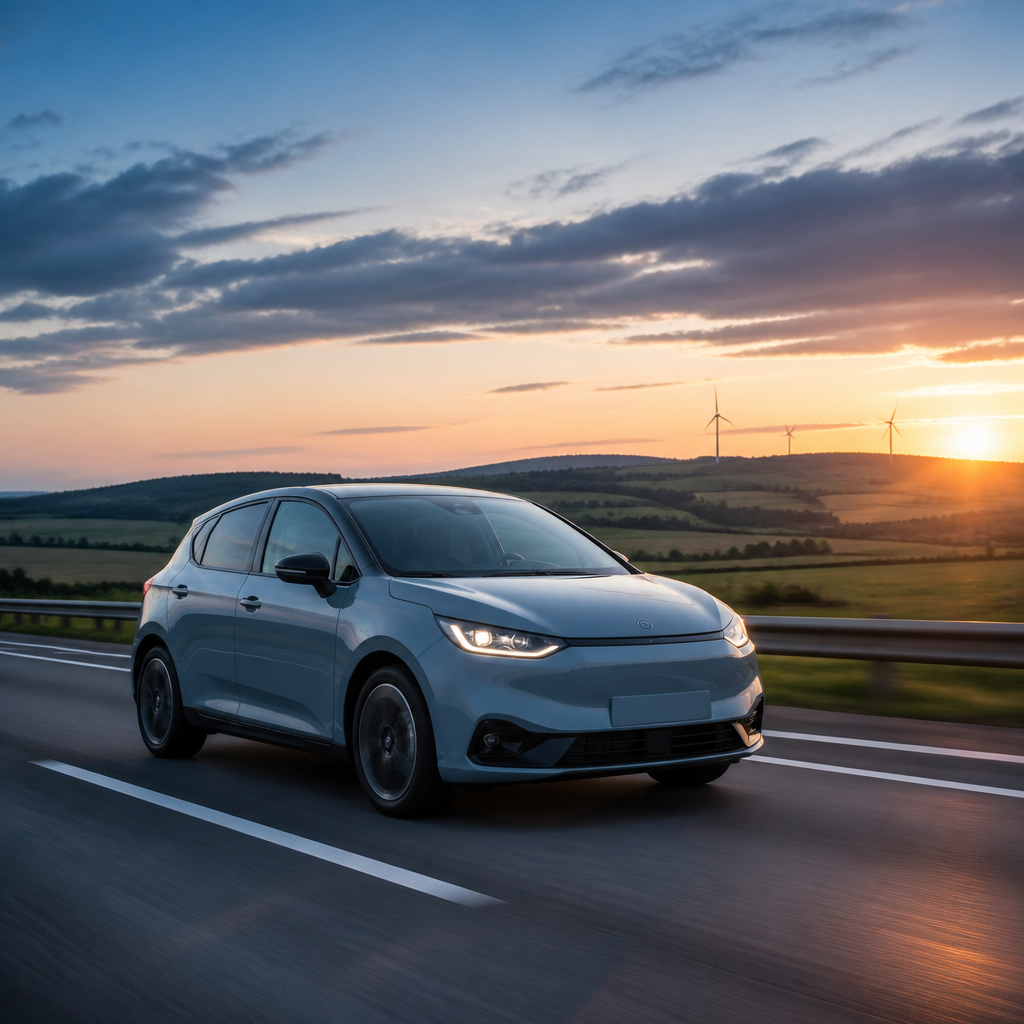 Coche eléctrico compacto circulando por una autopista europea al atardecer junto a aerogeneradores