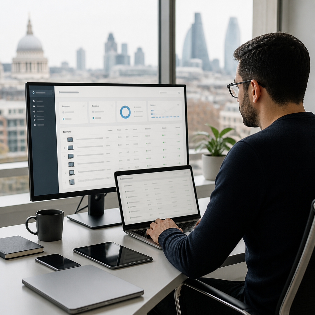 IT administrator reviewing an endpoint management dashboard listing laptops and phones on a monitor in a London office.