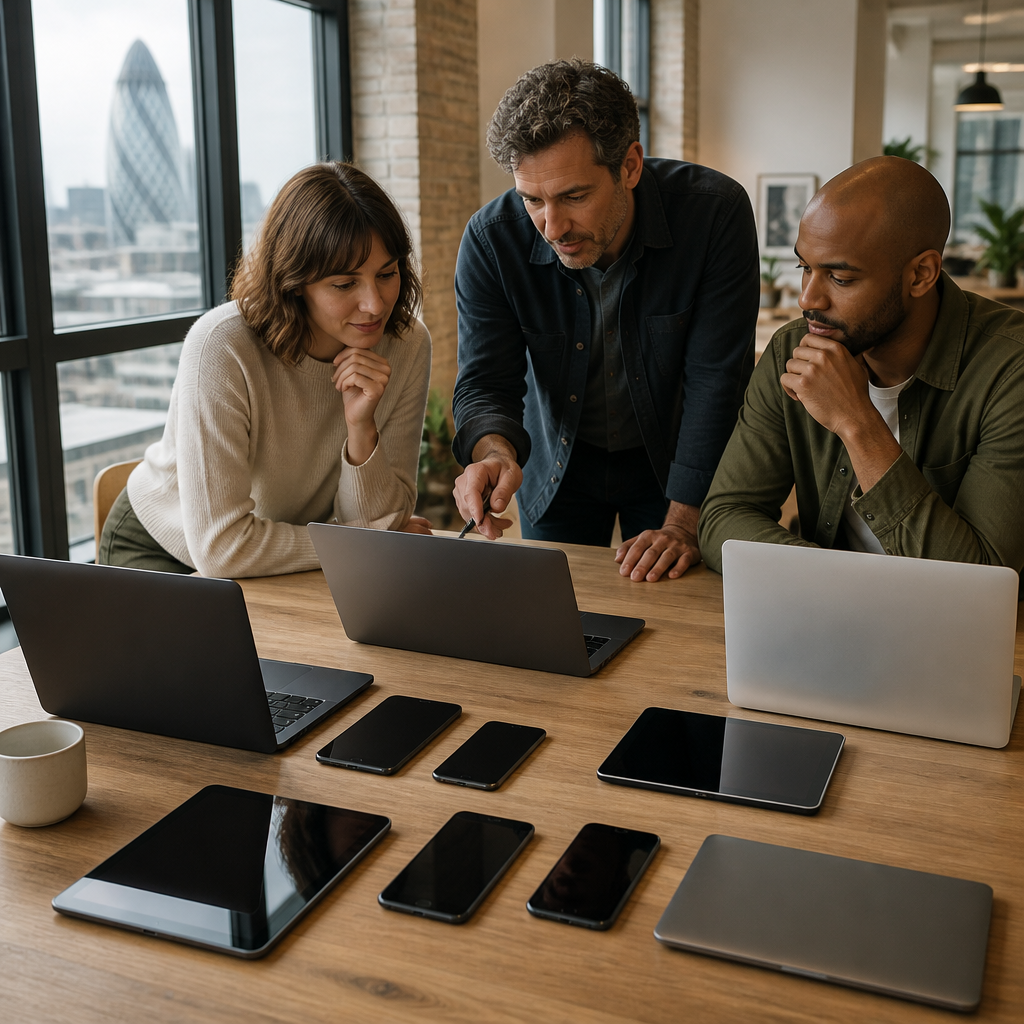 Small business team gathered around laptops, tablets and phones on a table in a London workspace.